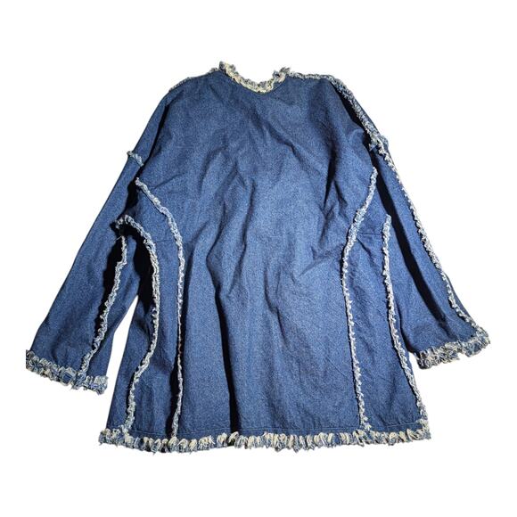 Vtg Y2K Dark Wash Open Front Frayed Edge Heart Pocket Long Denim Jacket Sz L - Picture 2 of 4